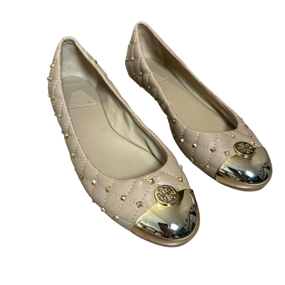 Tory Burch Kaitlin Taupe Gold Cap Toe Studded Medallion Slip On Ballet Flats 6.5